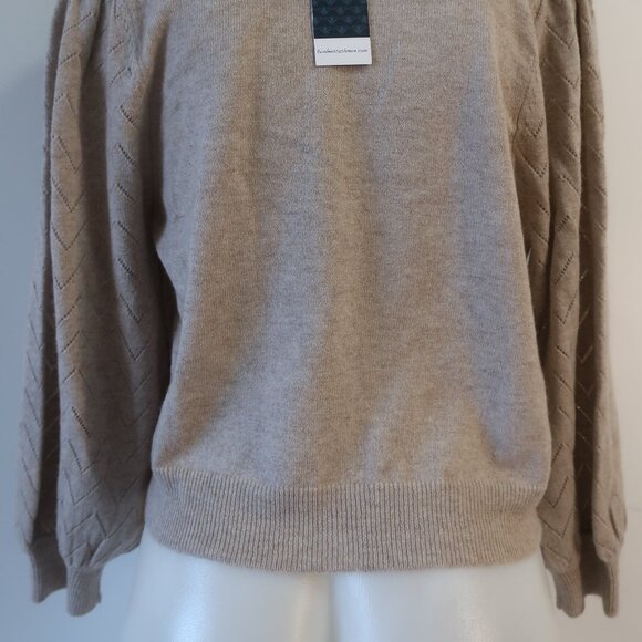 NWT Two Bees Cashmere Wool Taupe Pointelle Puff Slv V-Neck Cardigan Sweater XS - Picture 10 of 11